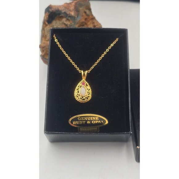 Van Doran Genuine Ruby & Opal Gold Plated Pendant Necklace Spring Clasp - Picture 2 of 6